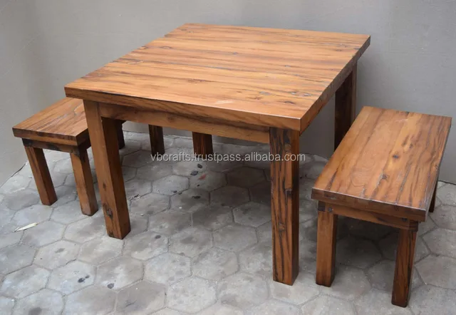 Solid Wooden Outdoor Dining Table Set Reclaimed Railway Sleeper