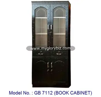 2 Doors Black Wooden Book Cabinet With Glass Door And Drawers In