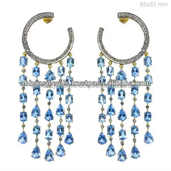 Diamond Long Sterling Silver 14k Gold Aquamarine Gemstone Chandelier Diamond Long Sterling Silver 14k Gold Aquamarine Gemstone Chandelier Earrings