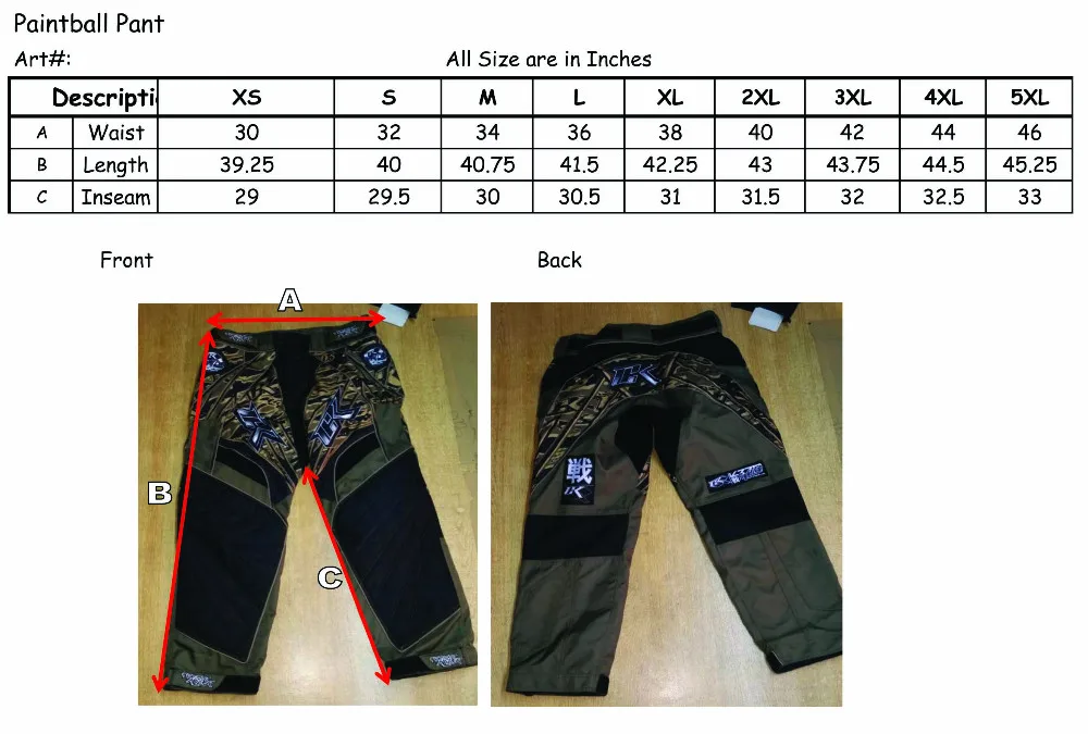 bunkerkings pants size chart