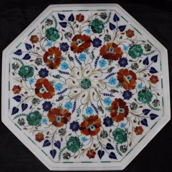 White Marble Stone Inlaid Coffee Table Top With Semi Precious White Marble Stone Inlaid Coffee Table Top With Semi Precious Gemstones Inlay Work