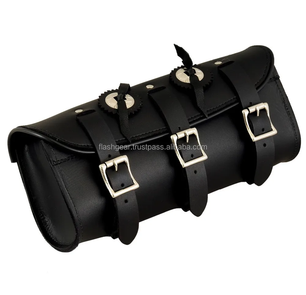 Genuine Leather Vintage Motorcycle 2 strap buckle closure Tool Bag Black