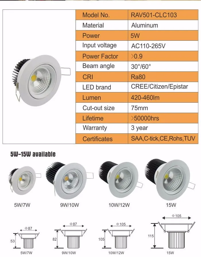 3years warranty adjustable recessed cob 7 watt led downlight
