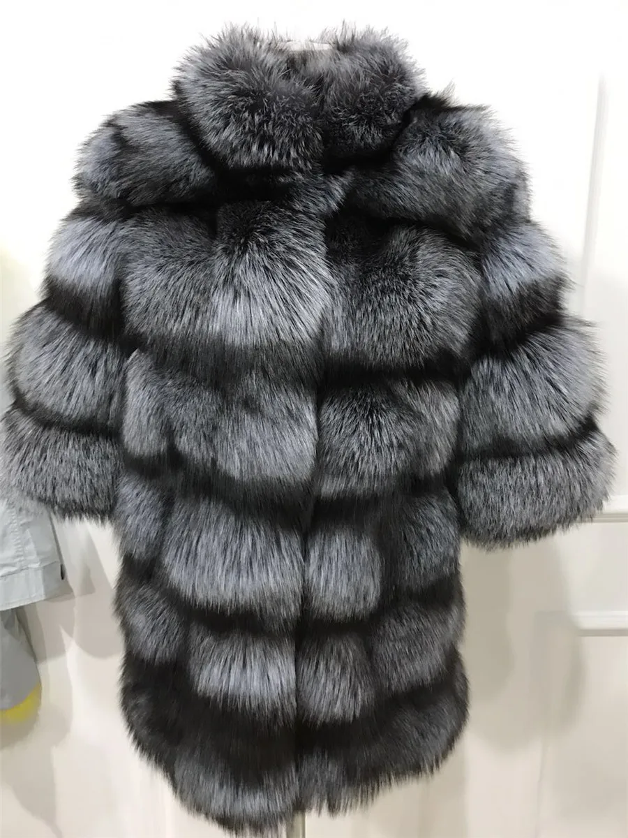Russia Style Natural Silver Fox Fur Coat 80cm Length Women Winter Coats ...