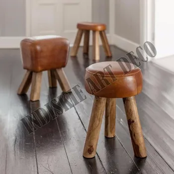 Vintage Horse Leather Stool Round Bar Vintage Horse Leather Stool Round Bar