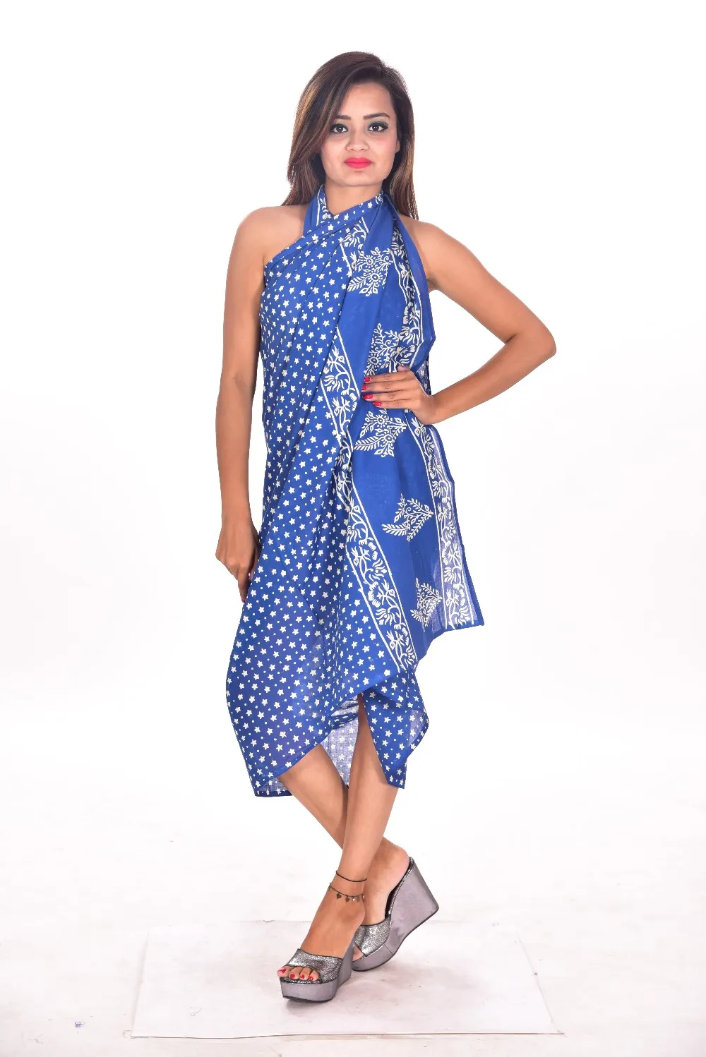 夏威夷棉花纱笼短蓝色芙蓉帕雷奥海滩泳池克鲁斯裹裙