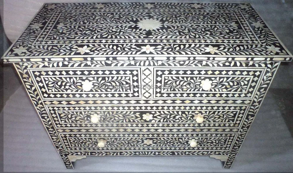 Indian Moroccan Style Camel Bone Inlay Sideboard Drawer Chest