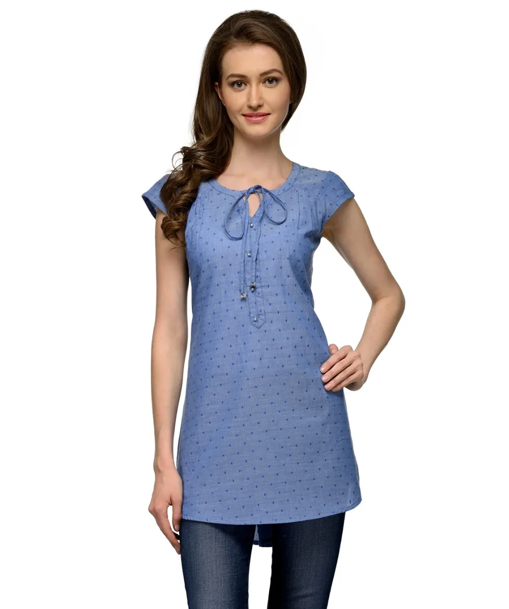Ladies Block Printed Casual Short Kurti Chinese Collar,3/4th Sleeve