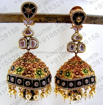 Costume Fashion Pearl Beaded Kundan Cz Stone Multi Color Black Costume Fashion Pearl Beaded Kundan Cz Stone Multi Color Black Long Jhumka Earrings