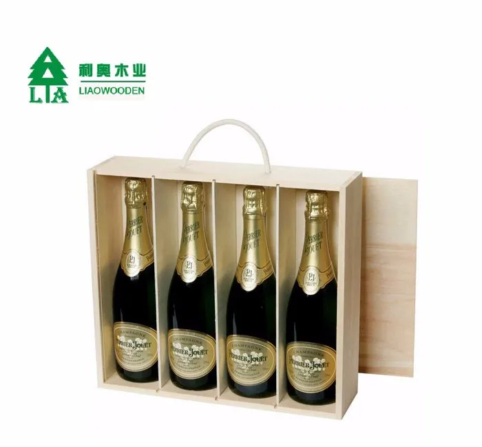 Flat 4 Bottle Pine Wooden Wine Box with Sliding Lid