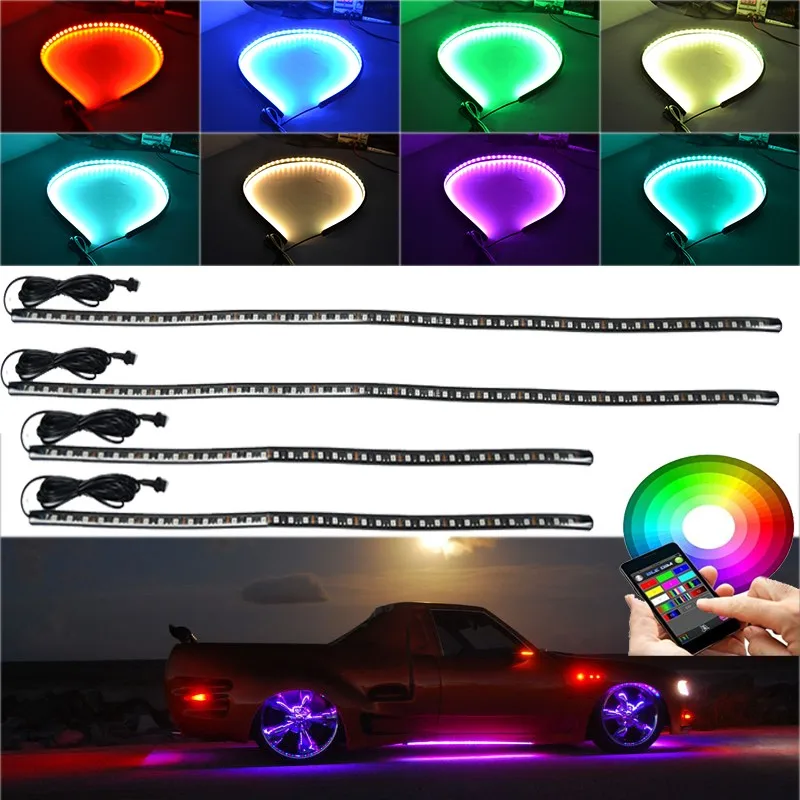 4 pcs High Intensity LED Underglow Light Running RGB Color Strip Underbody System Sound Active Function app Remote Control