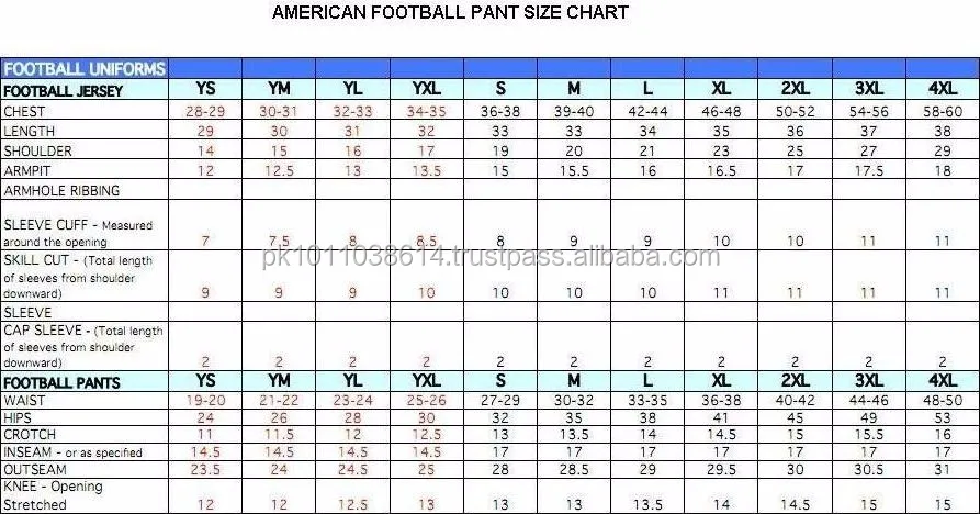 American Football Uniform Size Chart
