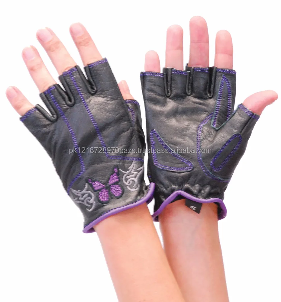 purple leather fingerless gloves