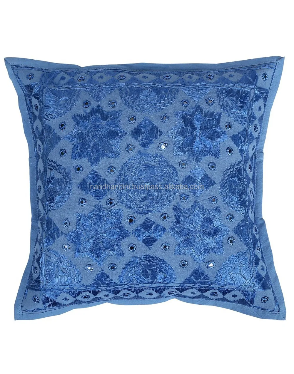 Vintage Indian Cushion Cover Gray Mirror Work Cotton Circled Pillow