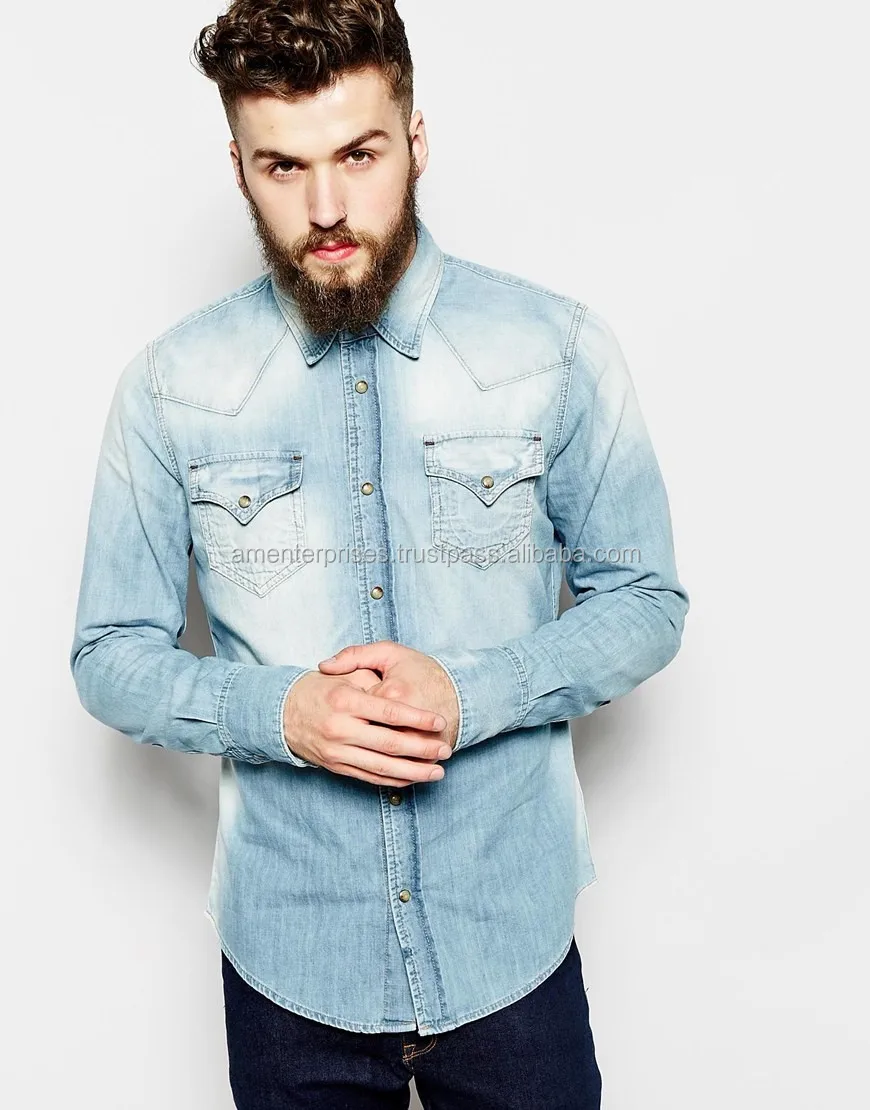 mens jean button up shirt