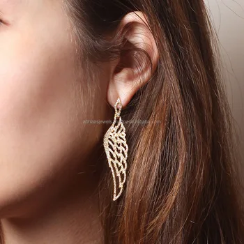 18kt Solid Gold Angel Wings Earrings Pave Diamond Beautiful Design 18kt Solid Gold Angel Wings Earrings Pave Diamond Beautiful Design Dangle Fine