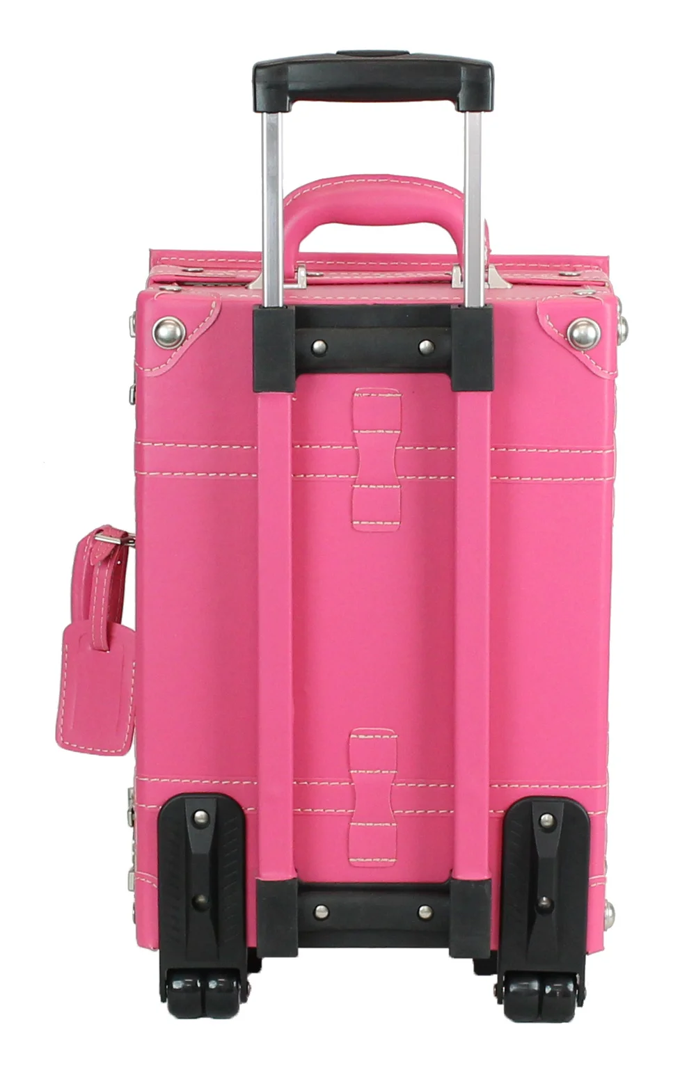 small pink suitcase on wheels