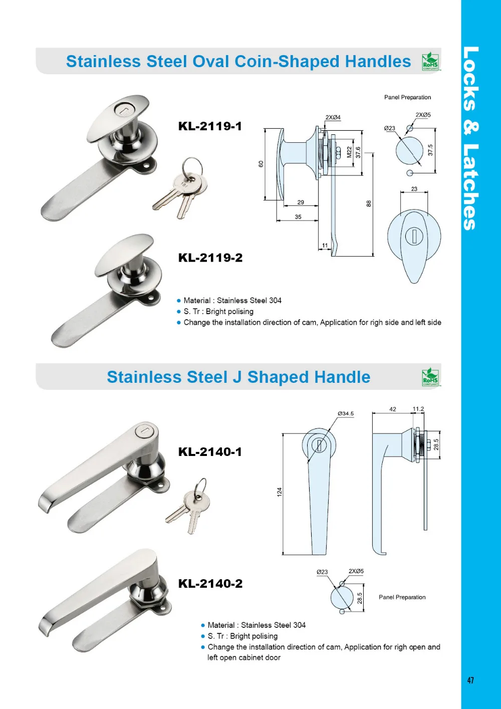 47 stainless steel oval coin-shaped handles