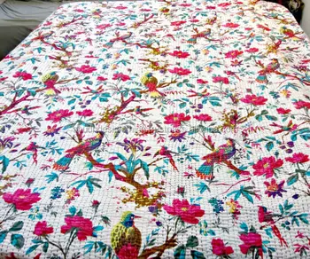 Indian Handmade White Bird Floral Kantha Bedspread Quilt Throw