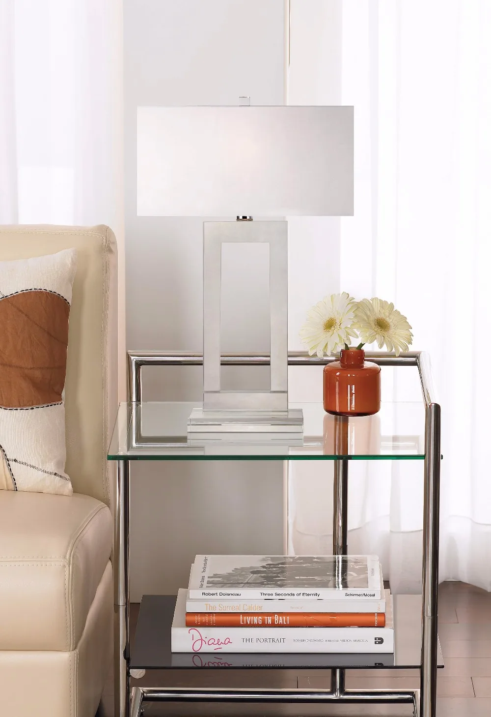1026-18 a white box shade for a clean, modern look Rectangular in shape Window Modern Crystal Table Lamp