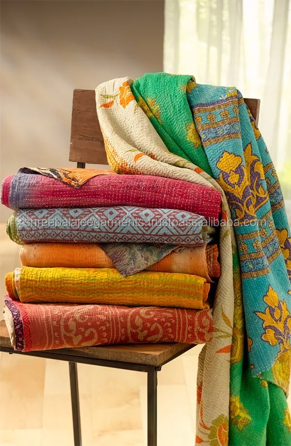 Patch Work Kantha Quilt Hand Made Sari Blanket Bedspread Patch Cotton