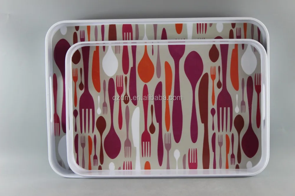 Set Of 2 Size Melamine Straight Serving Tray With Handle