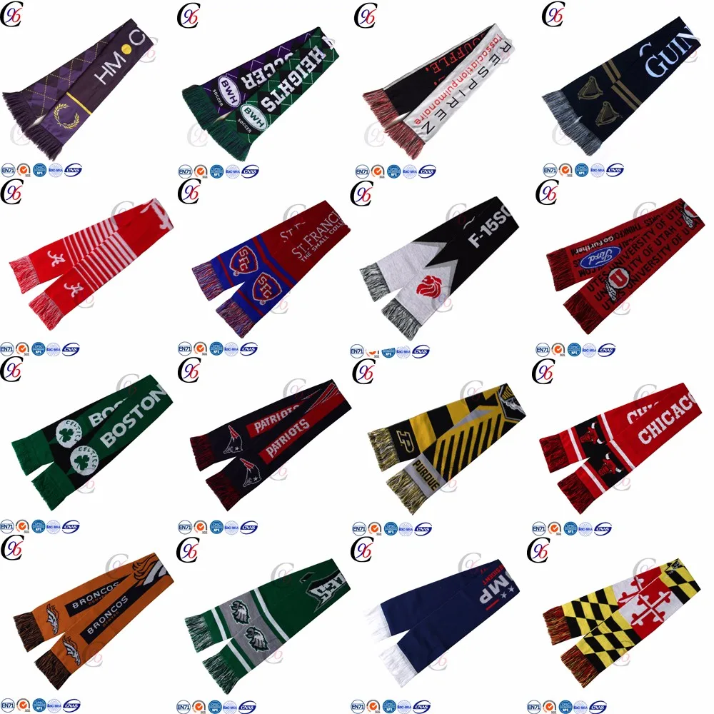 Chengxing custom wholesale fashion soccer football fan sports crochet jacquard spandex woven knitted acrylic football scarf