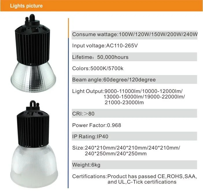 High Bright Bridge Lux 45mil Cob 100w High Bay,100w Ul&cul E476588