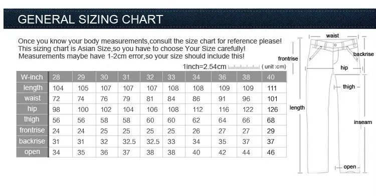 Mens Jeans Size Chart