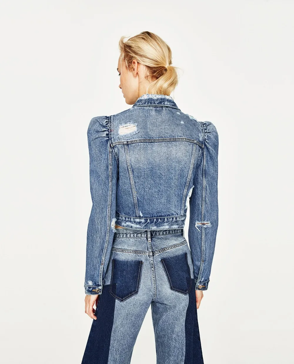 womens denim jacket with puff shoulders