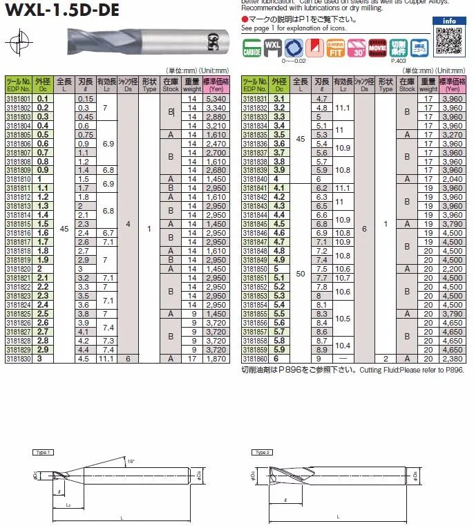 Reliable Japan Osg Cutting Tools Carbide End Mills Wxl1.5dde 2 Flutes