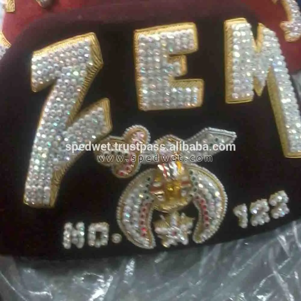 Shriners Masonic 3 Row Fez Hat With Rhinestones And Gold Bullion