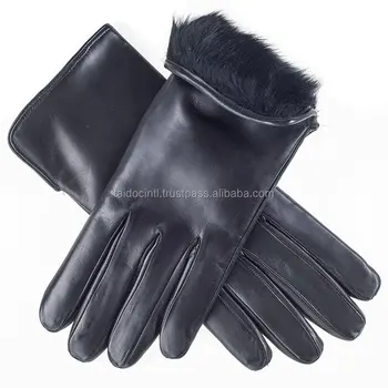 ladies black leather mittens