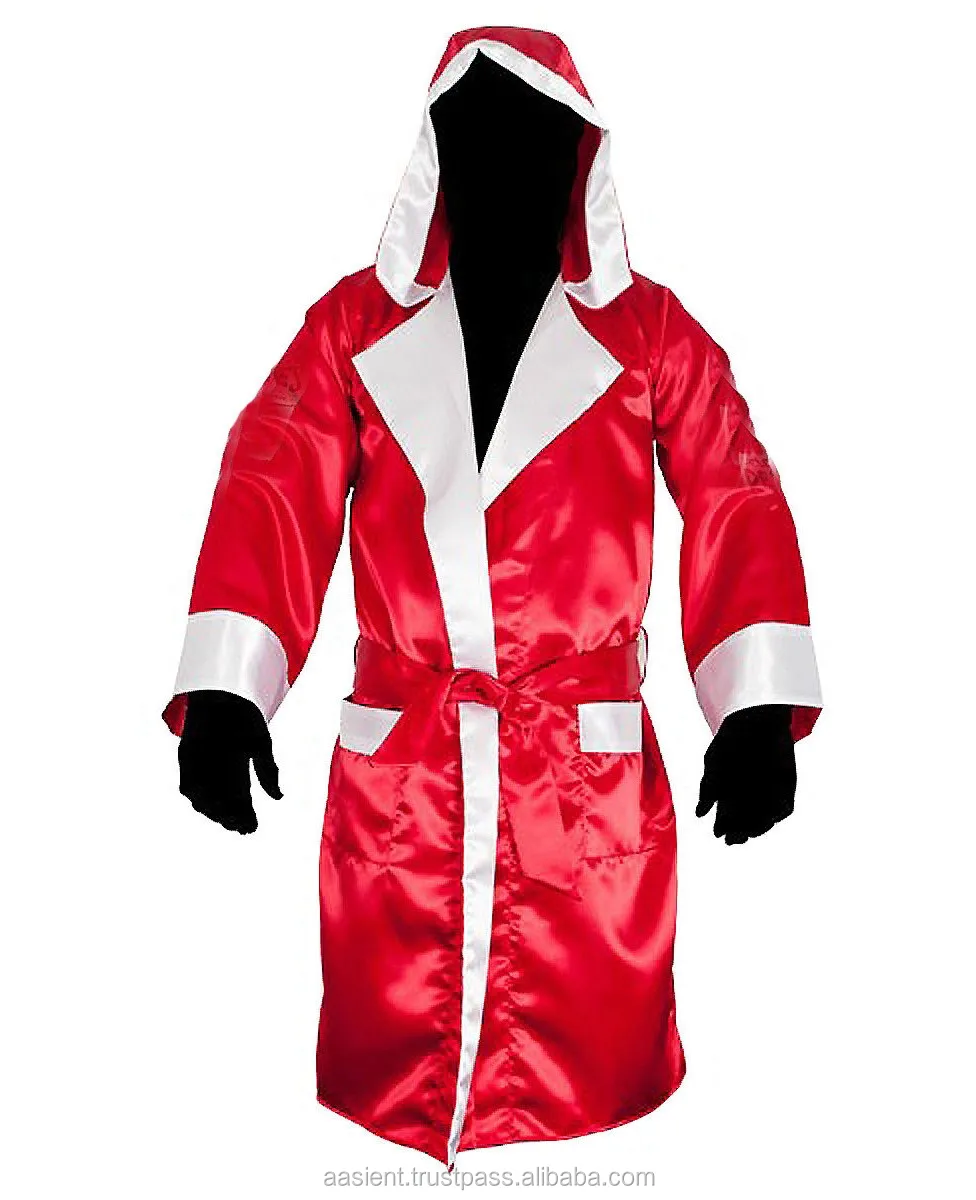 Red With Sliver Lined Boxing Robe With Hood Custom Made Satin Boxing ...