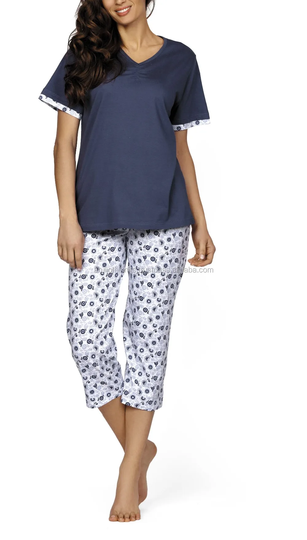 Womens V Neck Top And Capri Pant 2 Pcs Pajama Set - Buy Pajama Set ...