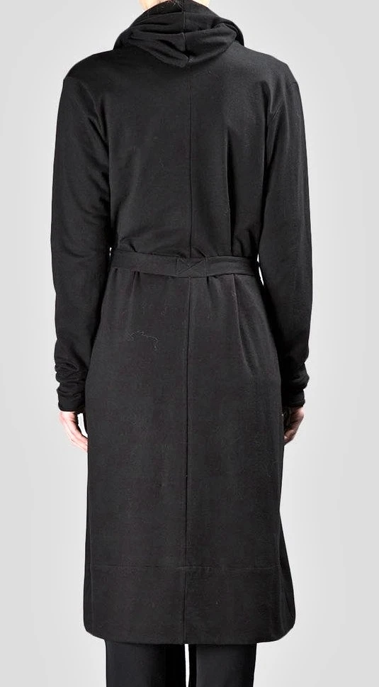 Draped Women's Black Long Overlong Oversized Hooded Belted Cardigan