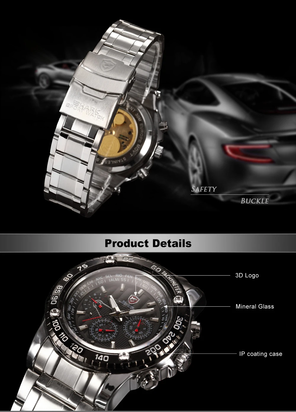 Shark 6 Hand Day Date Men Stainless Steel Back Sport Watch Buy Steel