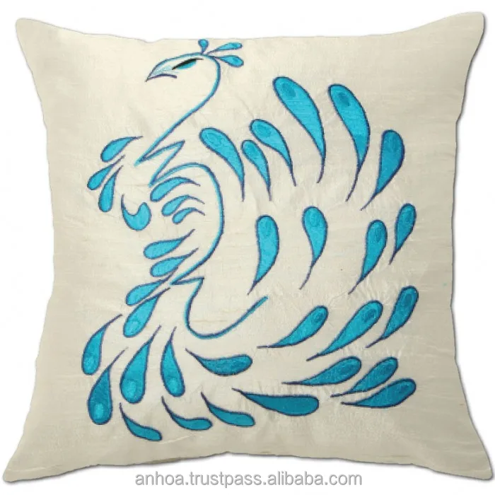 Peacock Feather Embroidered Cushion Cover Blue Square Poly Dupion Pillow Case