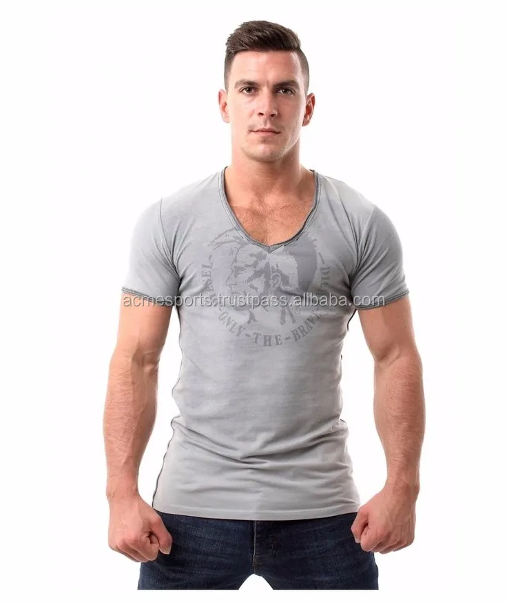 Custom Deep Neck T Shirts - Plain Skin Tight Cotton V Neck T Shirt Men ...