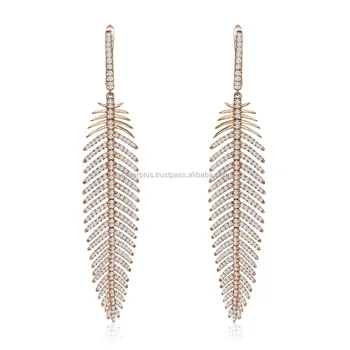 18k Solid Yellow Gold Pave Diamond Feather Earrings Fine Jewelry 18k Solid Yellow Gold Pave Diamond Feather Earrings Fine Jewelry Manufacturer
