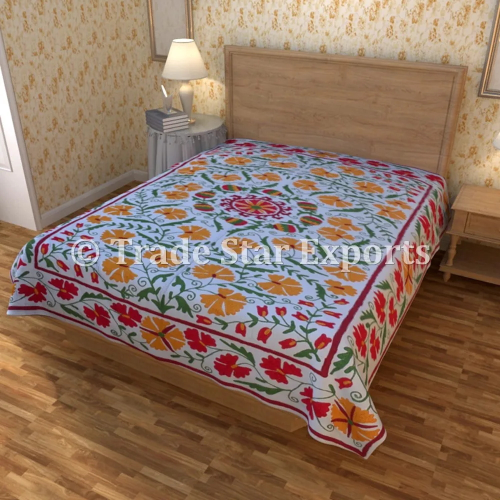Ethnic Suzani Handmade Bedding Throw Vintage Embroidered Bedspread
