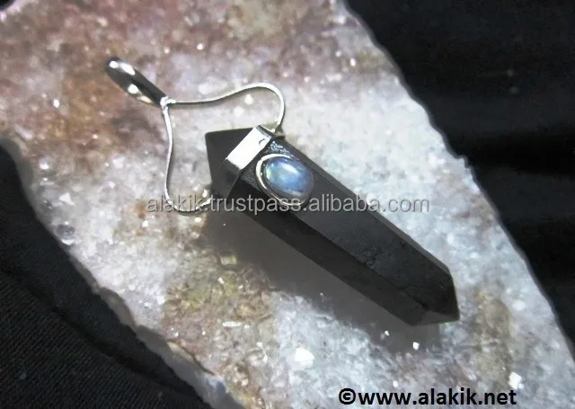 Black Tourmaline with Moonstone Dpoint pendant : Black tourmaline healing amulet