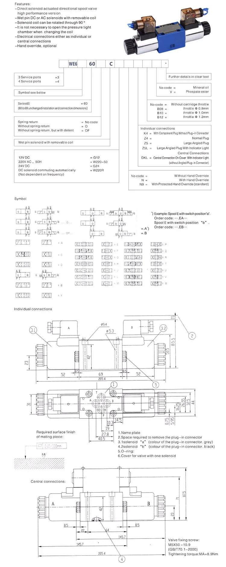 Single head Rexroth type 4WE6 series hydraulic directional control valve 12v/24v/36v solenoid valve