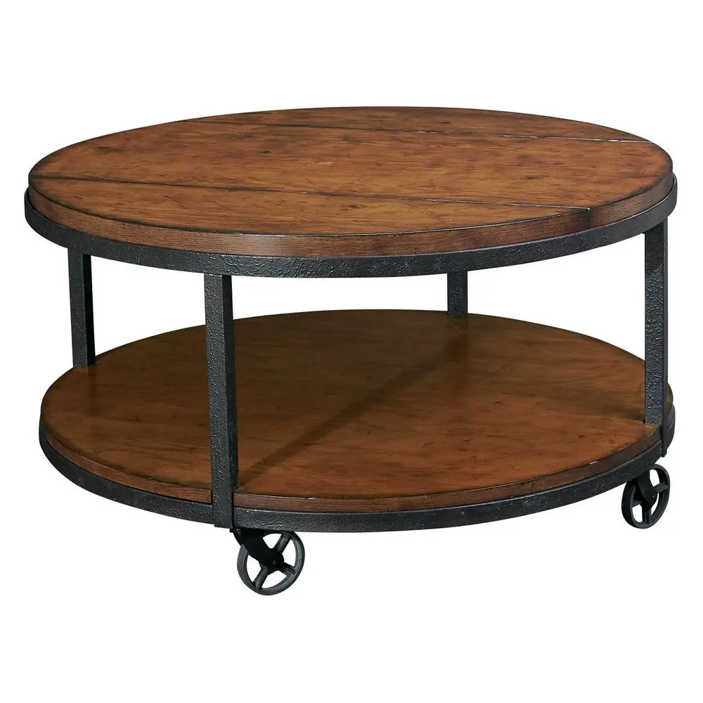 Industrial Metal Wood Round Coffee Table