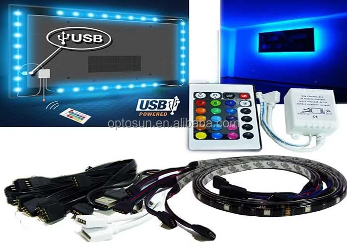 5V 5050 60SMD/M RGB LED Strip Lamp Bar TV Back Lighting Kit+USB Remote Control 