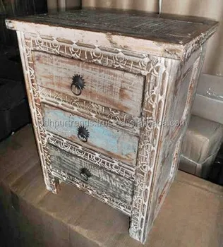 Reclaimed Wood Furniture Made In India White Finish Carved 3 Drawers Reclaimed Wood Furniture Made In India White Finish Carved 3 Drawers Night Stand