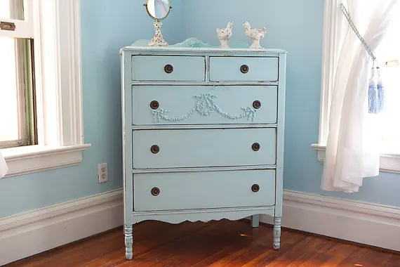 Antique Dresser Tallboy Shabby Chic Aqua Blue Distressed Cottage