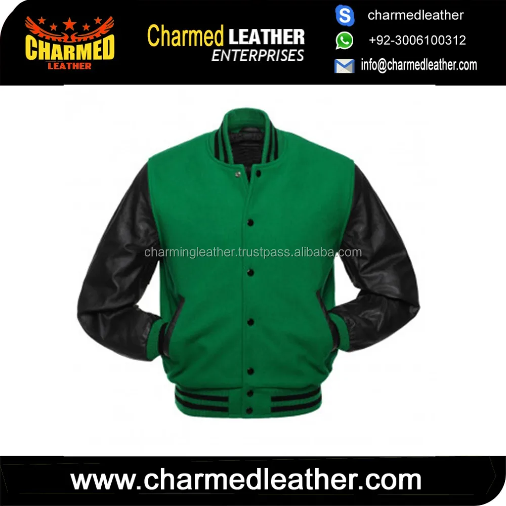 Wholesale Green Wool Black Leather Varsity Jacket Letterman Jacket