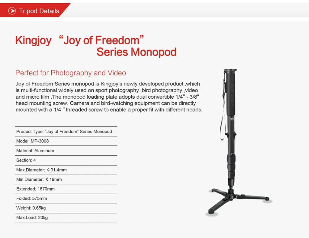 Kingjoy Kalifiye Alüminyum Profesyonel Video Kamera su geçirmez Tripod Monopod