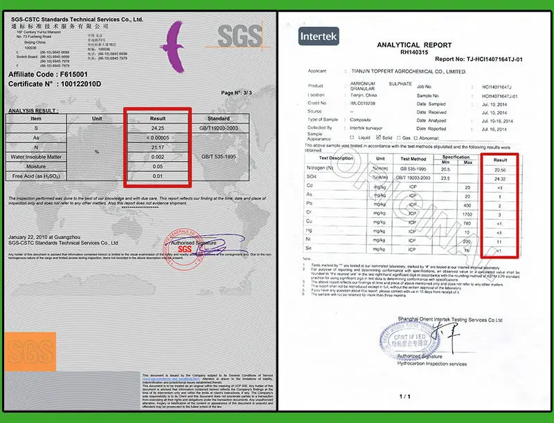 ammonium sulfate certificate